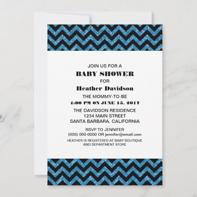 Blue Chevron Glitter Baby Shower Invite (Front)