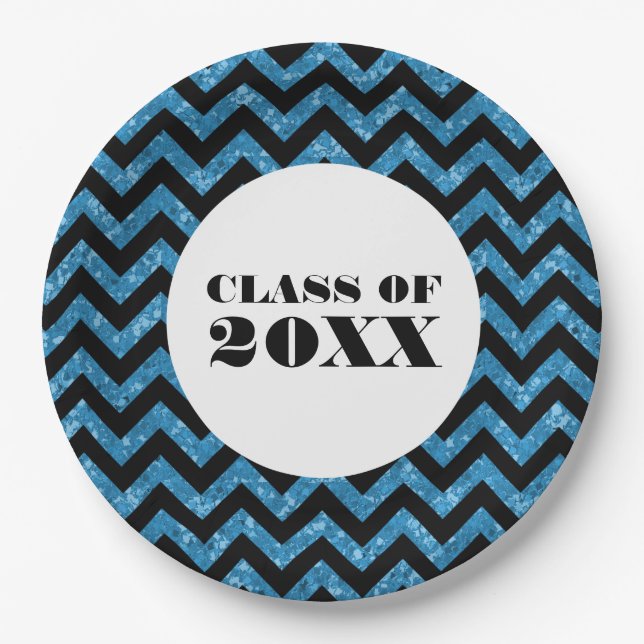 Blue Chevron Glitter Graduation Paper Plates (Front)