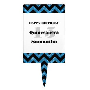 Blue Chevron Glitter Quinceañera Cake Pick