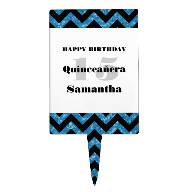 Blue Chevron Glitter Quinceañera Cake Pick (Front)