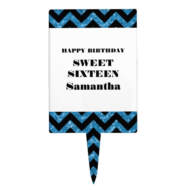 Blue Chevron Glitter Sweet 16 Cake Pick (Front)
