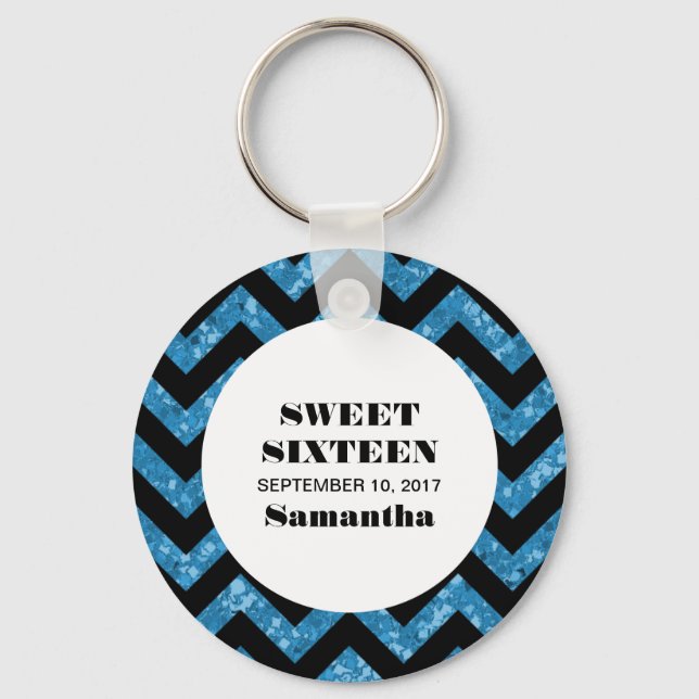 Blue Chevron Glitter Sweet 16 Keychain (Front)