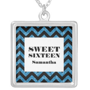 Blue Chevron Glitter Sweet 16 Necklace