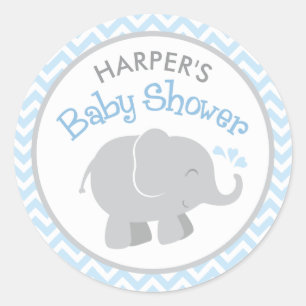Blue Chevron Gray Elephant Baby Shower Classic Round Sticker