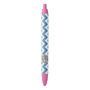 Blue Chevron, Gray Floral Custom Monogram Pen