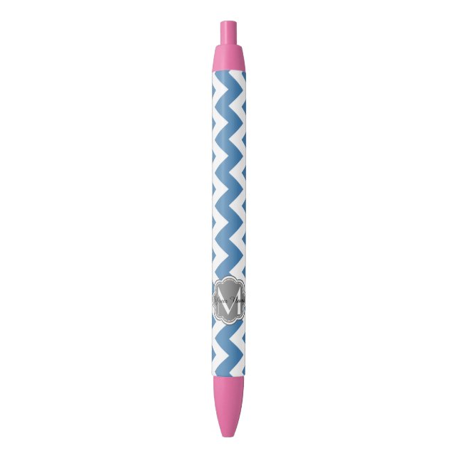 Blue Chevron, Gray Floral Custom Monogram Pen (Front Vertical)