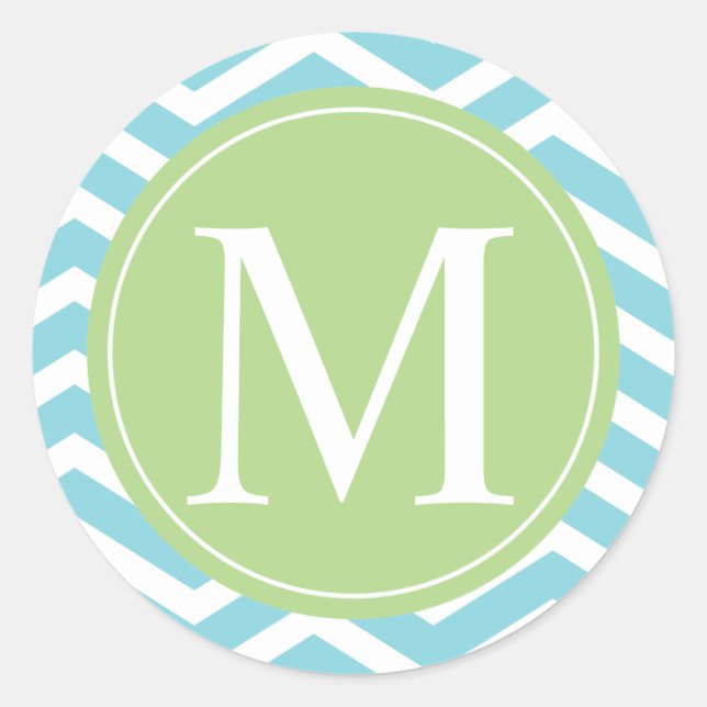 Blue Chevron Green Monogram Classic Round Sticker (Front)