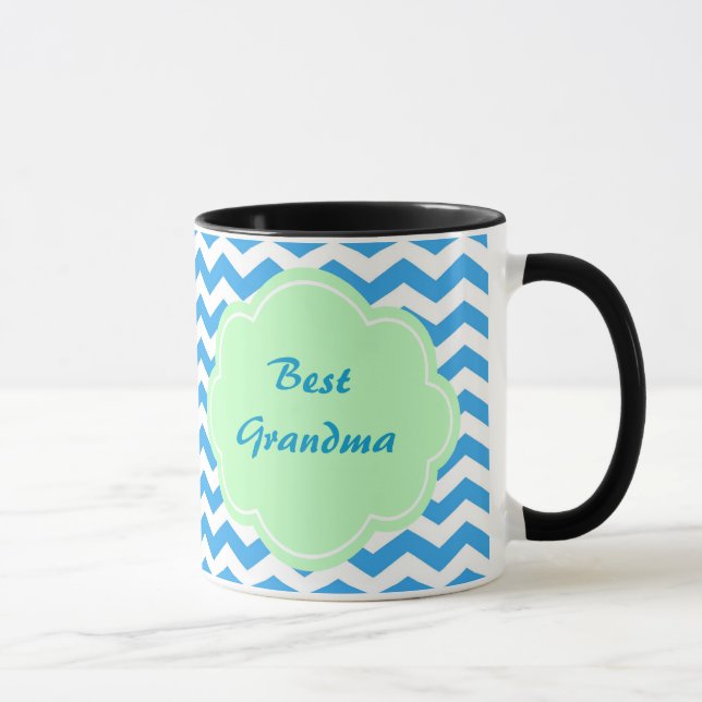Blue chevron, light green shape, monogram mug (Right)