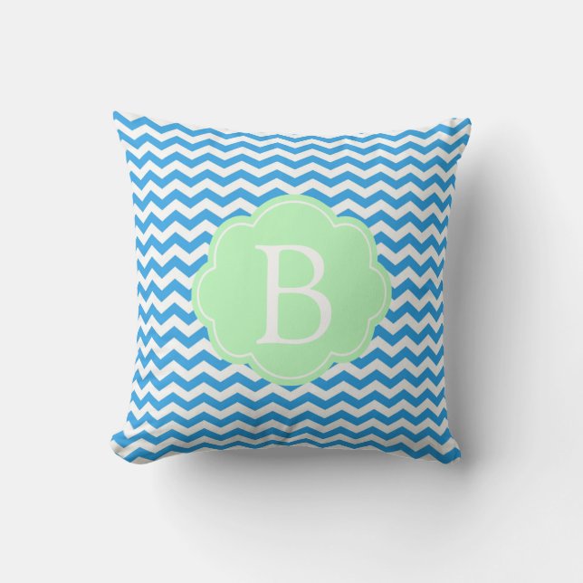 Blue chevron, light green shape, monogram throw pillow (Front)