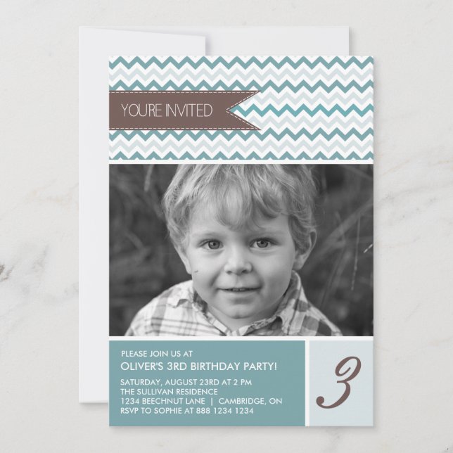 Blue Chevron Mod Photo Birthday Party Invitation (Front)
