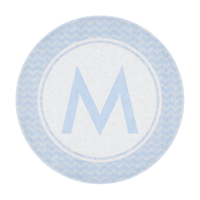 Blue Chevron Monogram Glass Cutting Board 12" (Front)