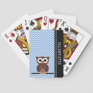 Blue Chevron Owl Monogram Name Custom Poker Cards