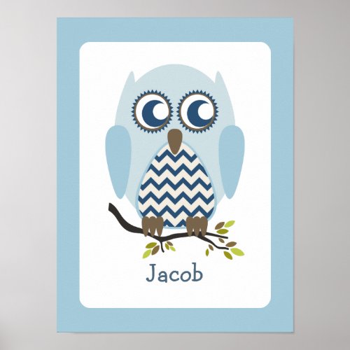 Blue  Chevron Owl Personalized Nursery Artwork Poster