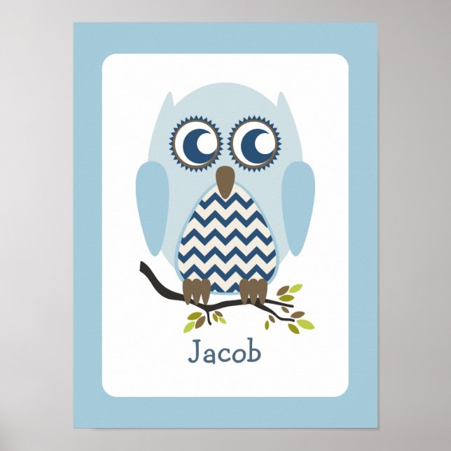 Blue + Chevron Owl Personalized Nursery Artwork Poster (Front)