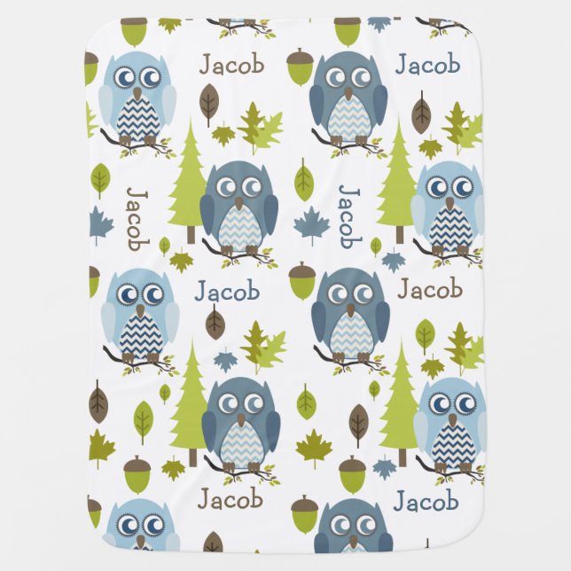 Blue Chevron Owls Personalized Blanket (Front)