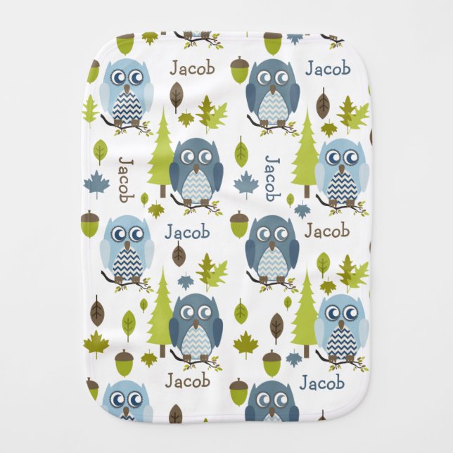 Blue Chevron Owls Personalized Burp Cloth (Front)