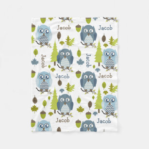 Blue Chevron Owls Personalized Fleece Blanket