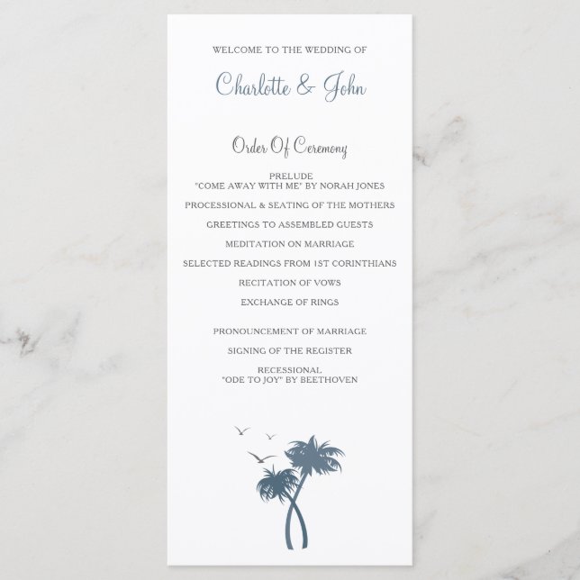 Blue chevron Palm Trees Beach Wedding programs (Front)