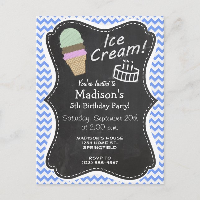 Blue Chevron Pattern; Ice Cream Cone Invitation Postcard (Front)