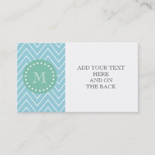 Customizable Blue Chevron Pattern | Mint Green Monogram Business Card Templates