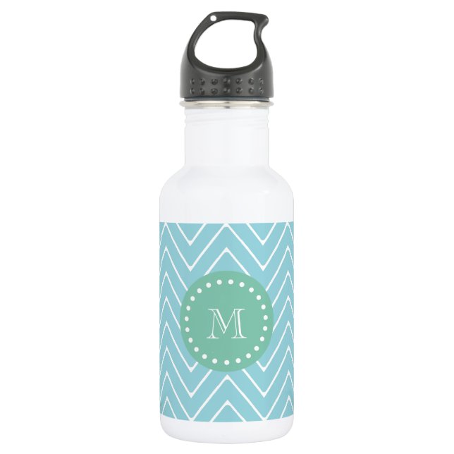 Blue Chevron Pattern | Mint Green Monogram Water Bottle (Front)