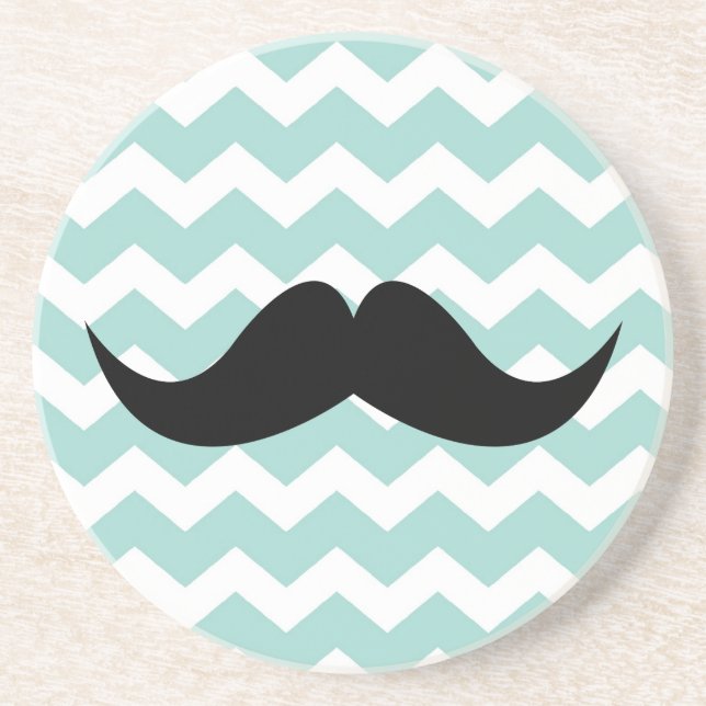Blue chevron pattern mustache thirsty sandstone drink coaster (Front)