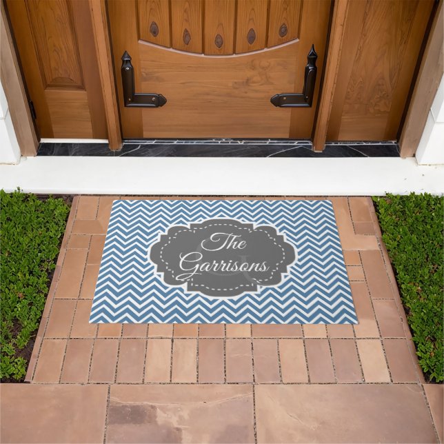 Blue Chevron Personalized Doormat (Outdoor)