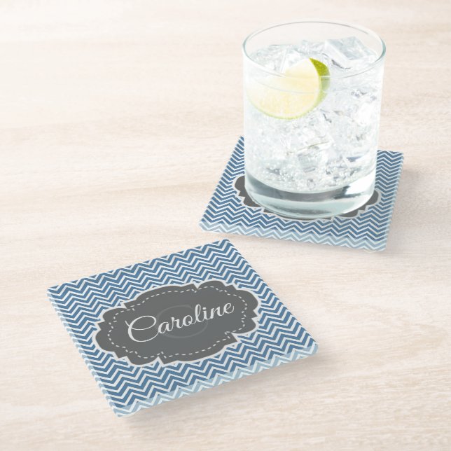 Blue Chevron Personalized Glass Coaster (Angled)