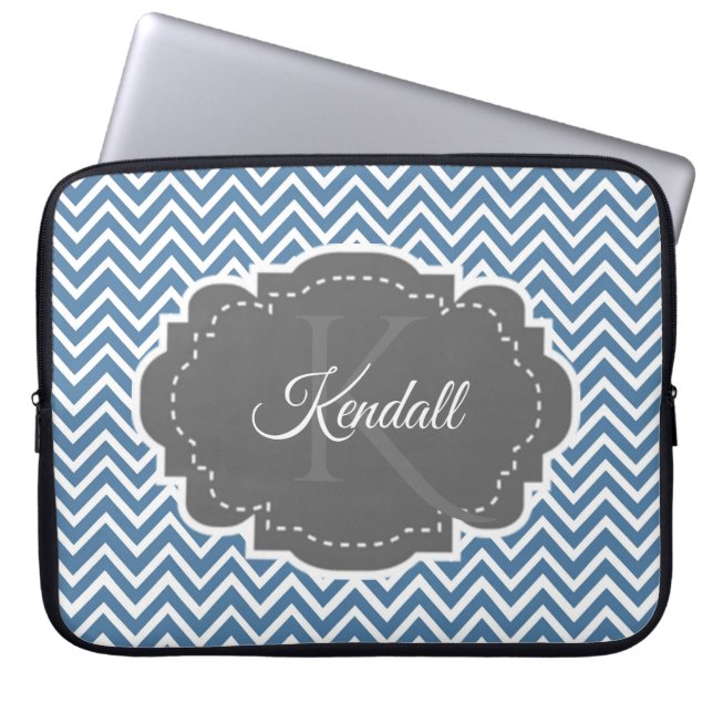 Blue Chevron Personalized Laptop Sleeve (Front)