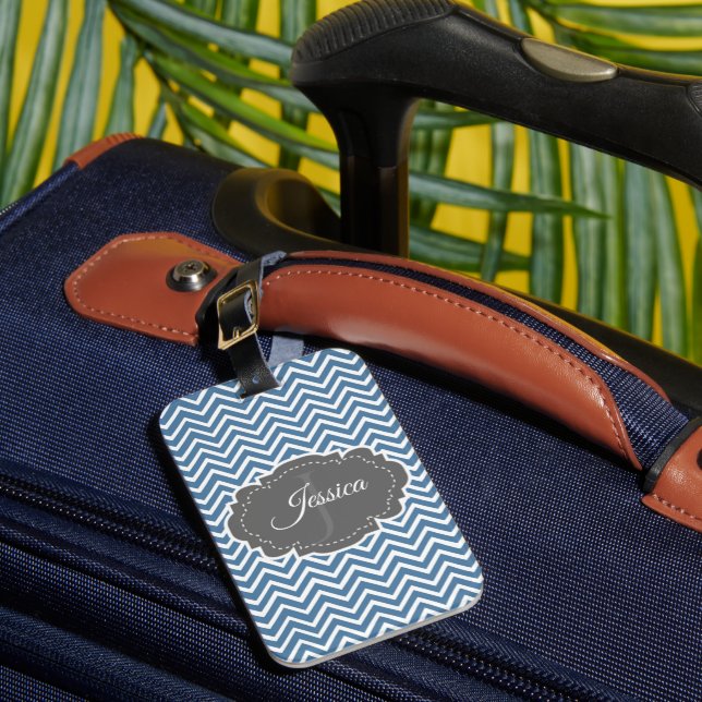 Blue Chevron Personalized Luggage Tag (Front Insitu 1)