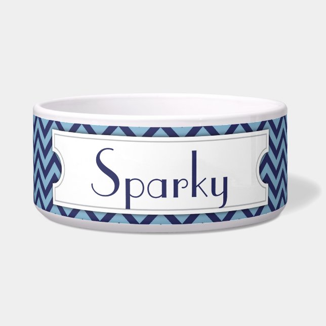 Blue Chevron Personalized Pet Bowl (Front)