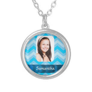 Blue chevron personalized photo template silver plated necklace