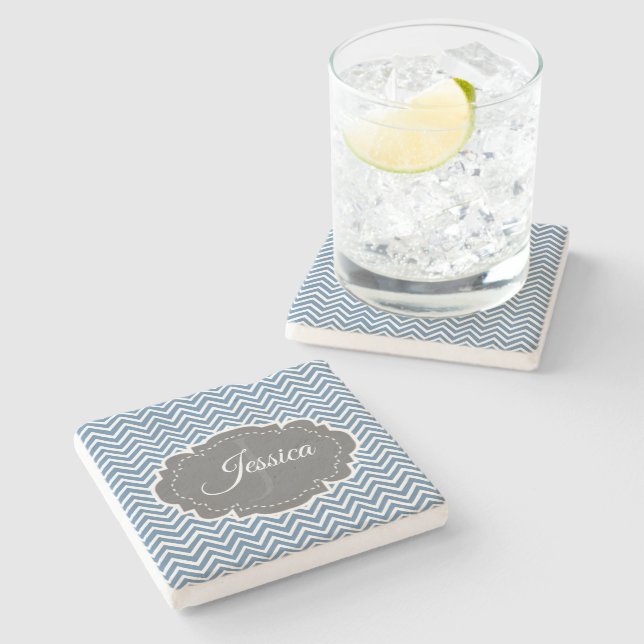 Blue Chevron Personalized Stone Coaster (Side)