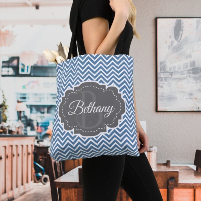 Blue Chevron Personalized Tote Bag (Blue Chevron Personalized Tote Bag)