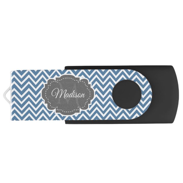 Blue Chevron Personalized USB Swivel Flash Drive (Back)