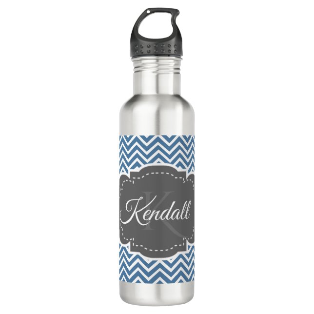 Blue Chevron Personalized Water Bottle (Front)
