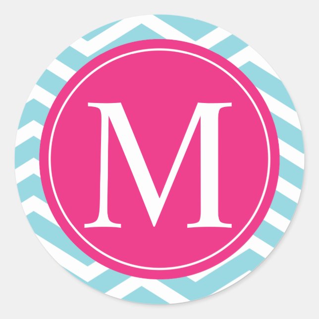 Blue Chevron Pink Monogram Classic Round Sticker (Front)