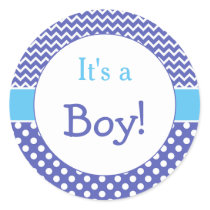 Blue Chevron & Polkas Dot Baby Shower Classic Round Sticker