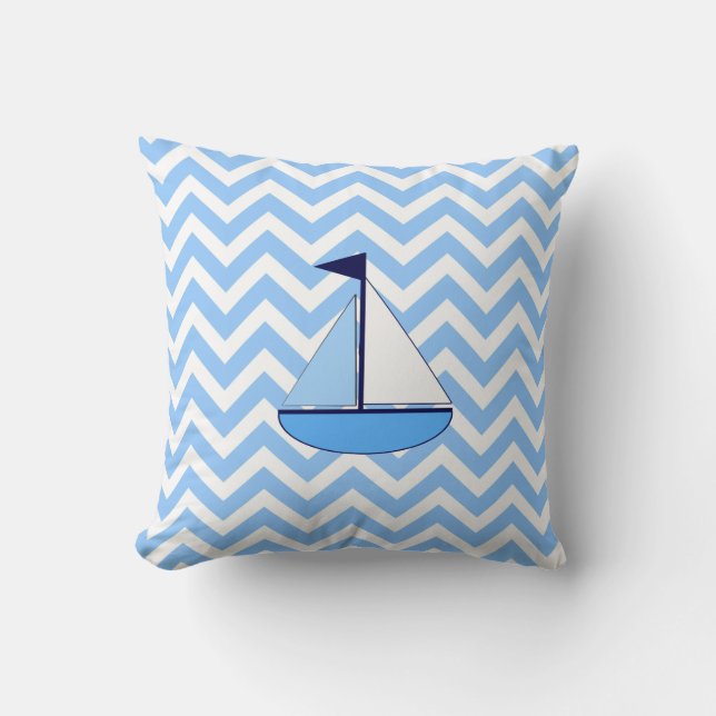 Blue Chevron Sailboat  (Zig Zag) Pillow (Front)