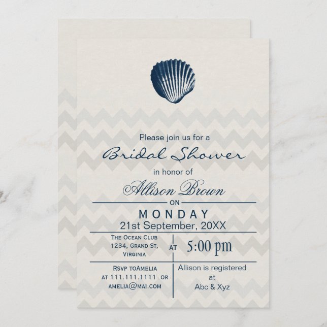 Blue Chevron Seashell Beach bridal shower Invites (Front/Back)