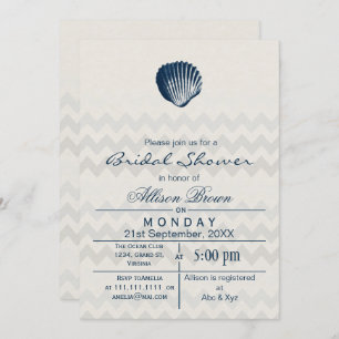 Blue Chevron Seashell Beach bridal shower Invites