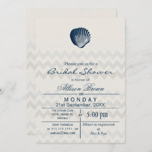 Blue Chevron Seashell Beach bridal shower Invites