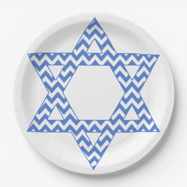 Blue Chevron Star of David Hanukkah Paper Plates (Front)