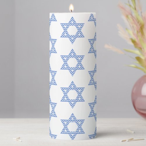 Blue Chevron Star of David Hanukkah Pillar Candle