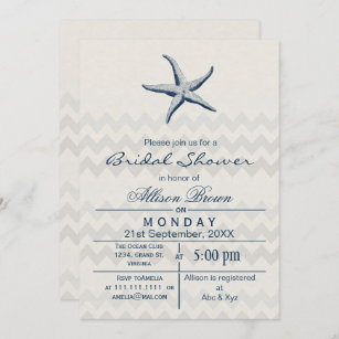 Blue Chevron Starfish Beach bridal shower Invites