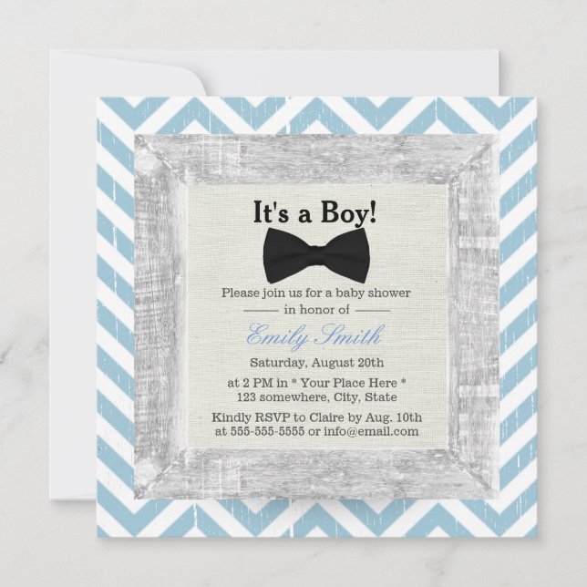 Blue Chevron Stripes Bow Tie Boy Baby Shower Invitation (Front)