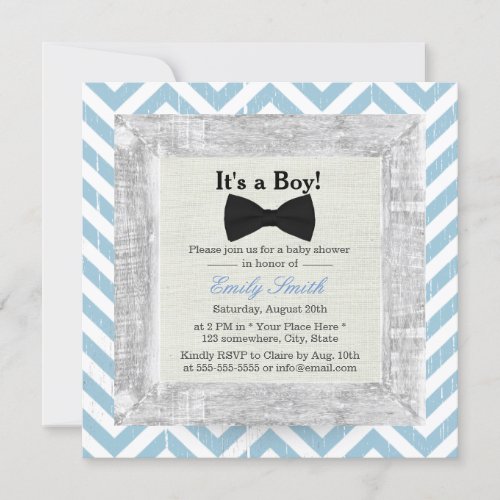 Blue Chevron Stripes Bow Tie Boy Baby Shower 5.25x5.25 Square Paper Invitation Card