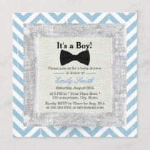 Blue Chevron Stripes Bow Tie Boy Baby Shower Invitation