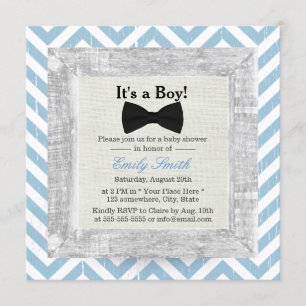 Blue Chevron Stripes Bow Tie Boy Baby Shower Invitation