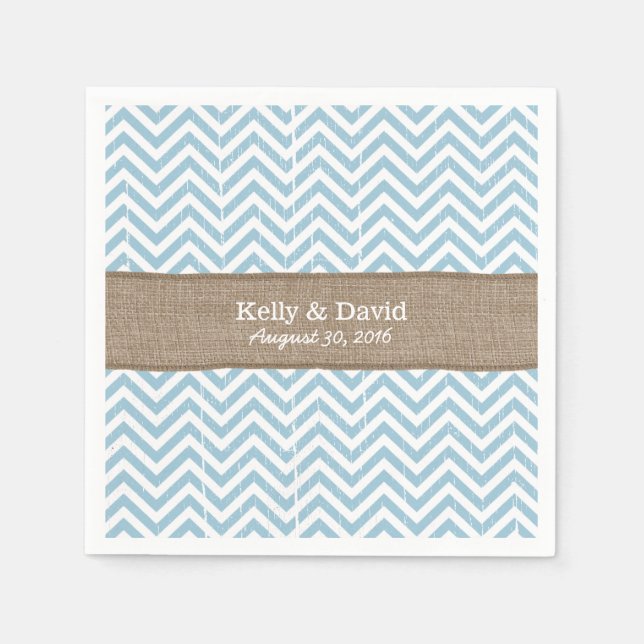 Blue Chevron Stripes Burlap Ribbon Rustic Wedding Paper Napkins (Front)